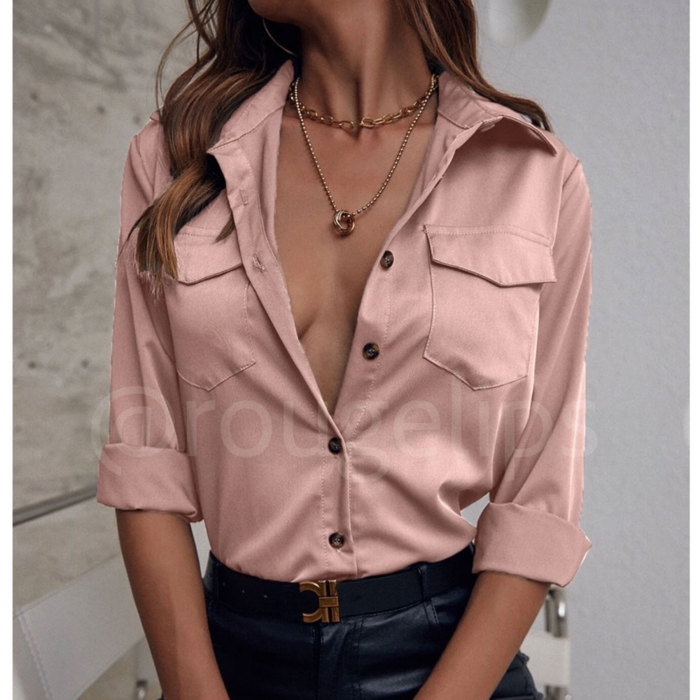Pink Casual Button Up / Down Shirt Collar, V-Neck Button Front Long Sleeve